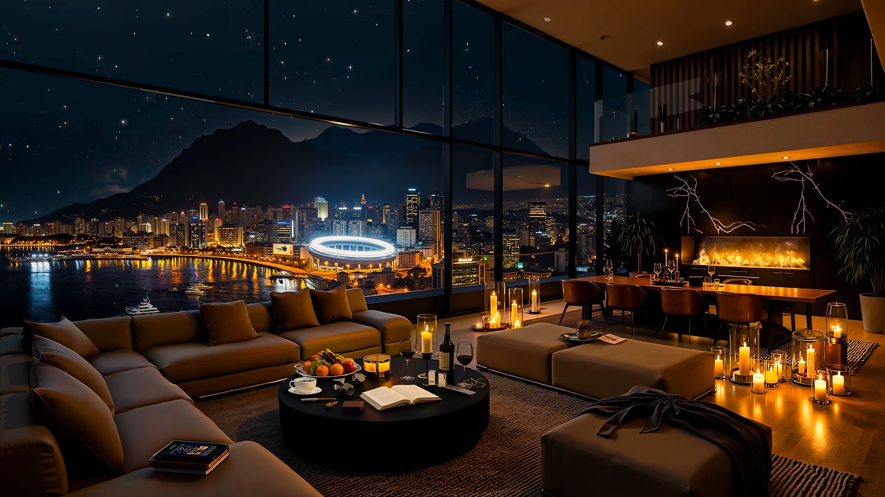 4K Peaceful Riverside Retreat Night 🌊 Cozy Apartment Ambience with Relaxing Jazz Background Music