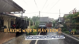Walking in the Heavy Rain through a neighborhood street in Village | pleasing heavy rain sounds