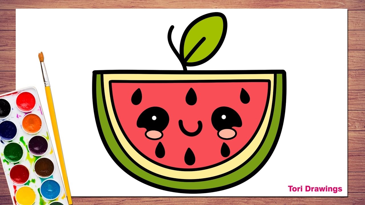 Как нарисовать милый арбуз с листиком 🍉 | Простой рисунок арбуза с листиком для детей