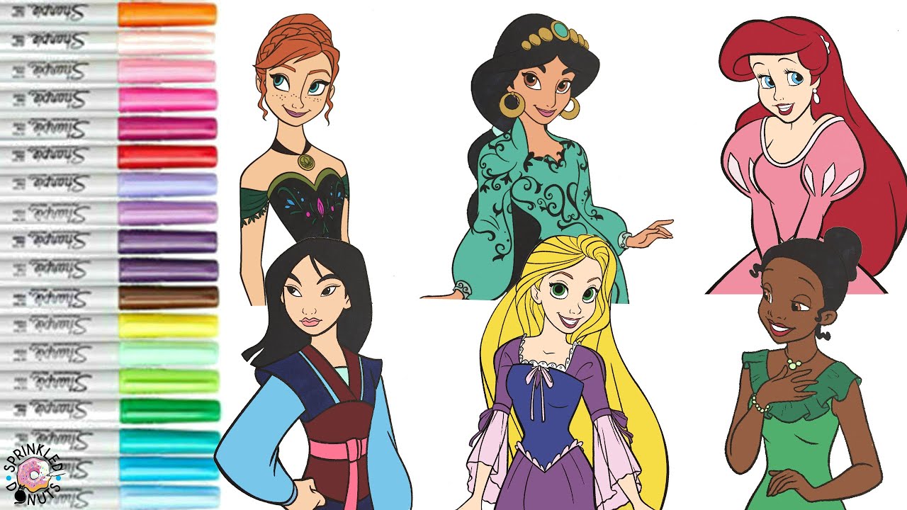 Disney Princess Coloring Book Compilation Mulan Rapunzel Ariel Tiana Jasmine Anna Snow White
