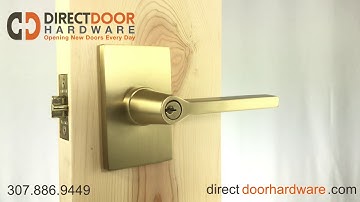 Emtek Helios Keyed Lever with Rectangular Rosette in Satin Brass.