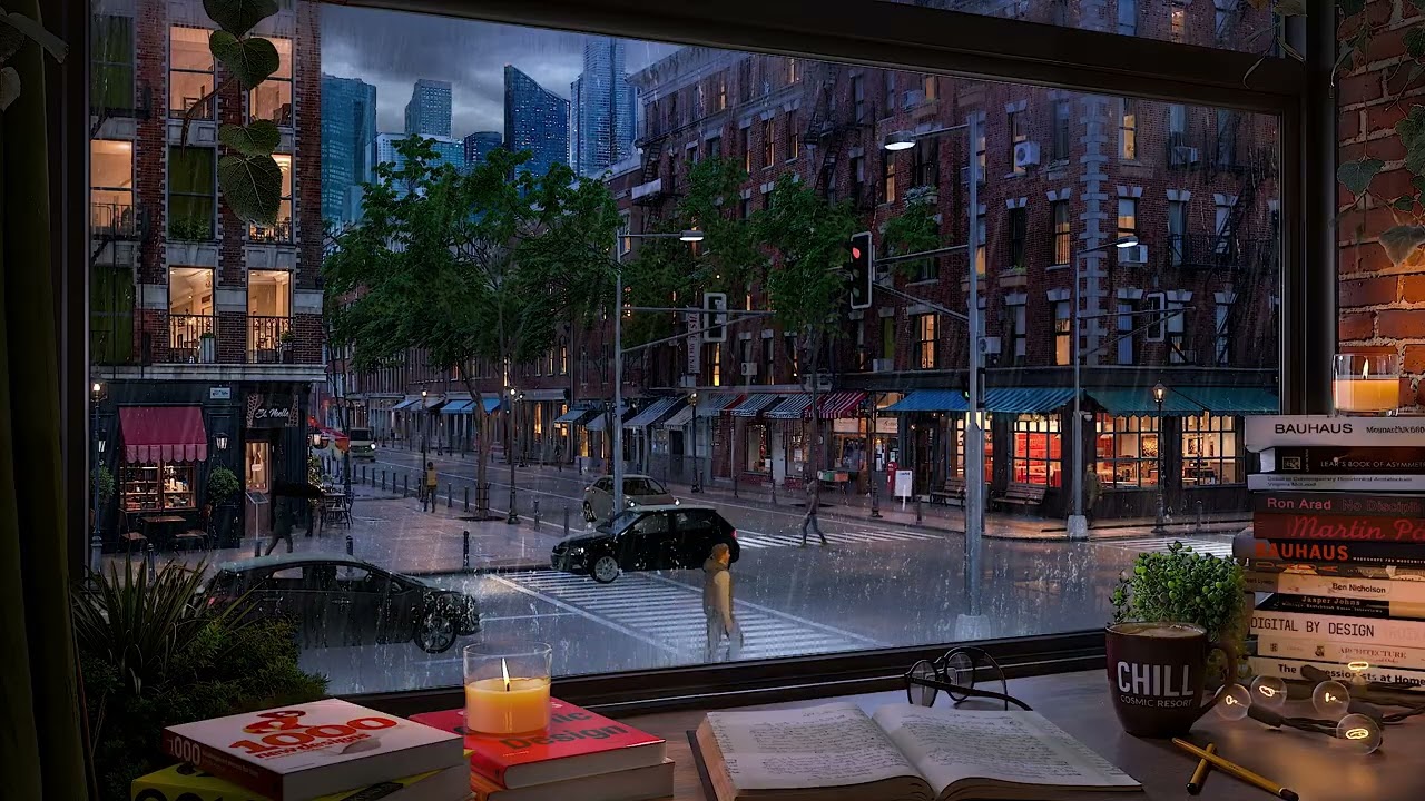 New York Downtown Study Room Ambience 🌧️ | Rain & Distant Thunderstorm Sounds for Focus & Relaxation