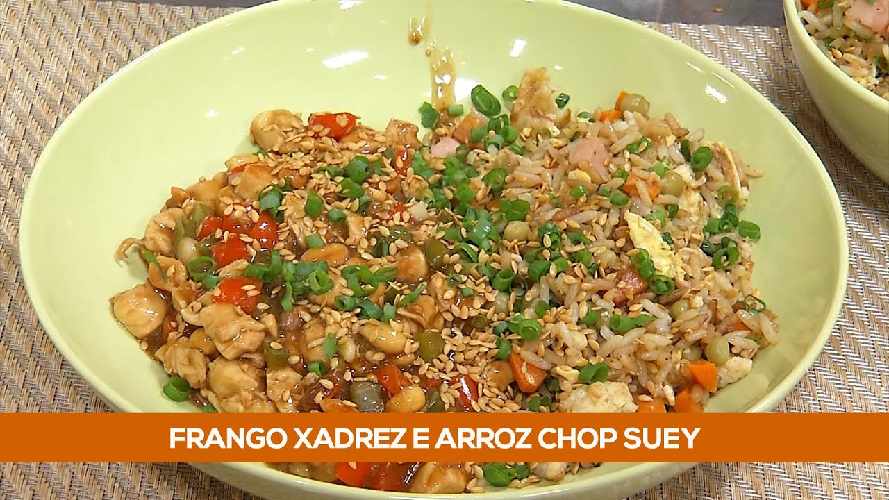 Frango xadrez tradicional com arroz chop suey colorido culinária chinesa