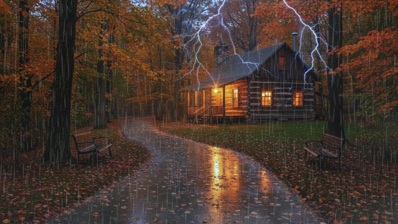 Cozy Cabin Rainstorm in the American Forest 🍂 Autumn Rain & Gentle Thunder for Deep Sleep 🌧️