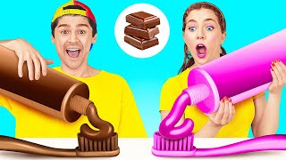 REAL VS CHOCOLATE FOOD CHALLENGE 🍫 Fun Sweet Makeup by 123 GO!
