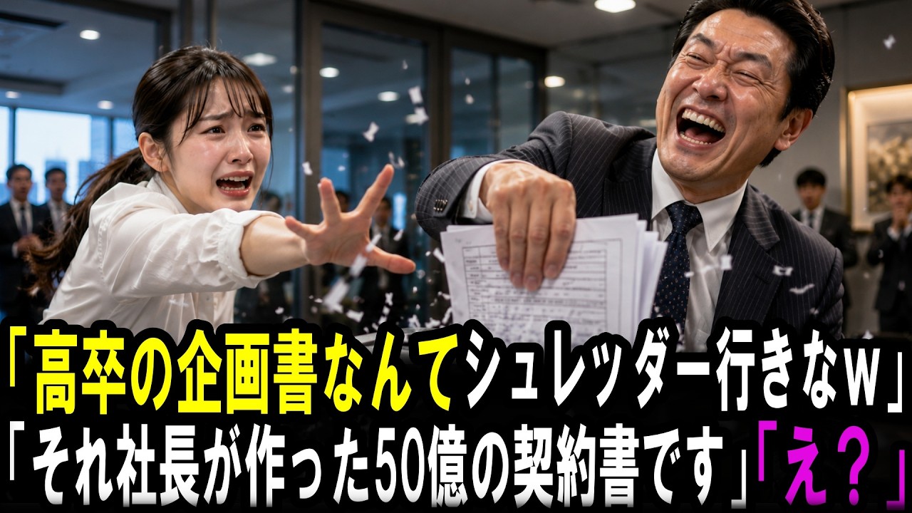 「高卒の落書きなんざ、シュレッダーで十分だろ。」そう言って、新しく来た部長が私の必死の企画書を目の前で細切れにした。よく見れば、それは社長が会社の命運をかけて準備した、たった一枚の原本だった。翌朝、私は黙って紙片を拾い集めながら、彼にこう告げた。「壊すのは一瞬ですね。」部長は鼻で笑った。高卒のお茶汲みの私が何を言うかと。でも、彼は知らない。私が誰の娘で、この会社の心臓部を誰が握っているのかを...