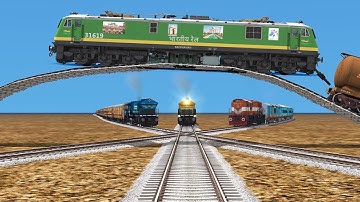 4 TRAINS CROSSING EACH OTHER AT BUMPY FORKED RAILROAD CROSSING - Train Simulator