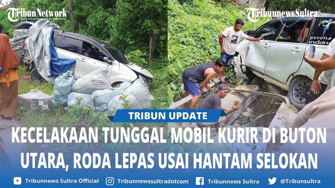 Mobil Pengantar Paket Terperosok ke Selokan di Buton Utara, Roda Depan Copot Usai Tabrak Beton