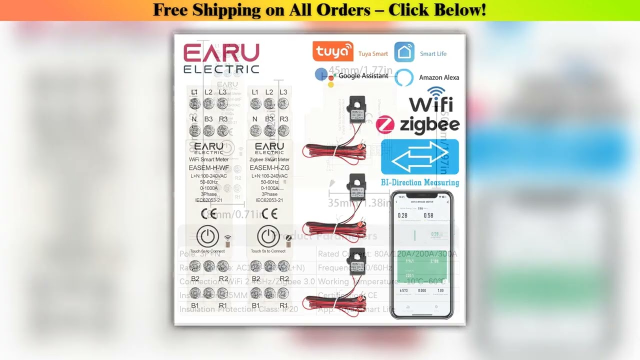 Tuya Smart WiFi ZigBee Energy Meter with 3 CT Clamps for Solar PV System Power Production