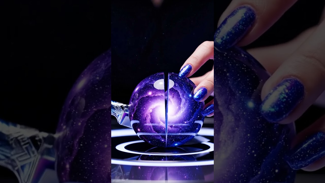 Ultra-realistic cinematic  cutting a mysterious black hole orb with a glowing futuristic knife.
