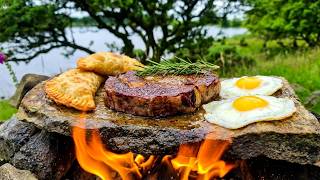 Ribeye Steak & Eggs on HOT Stone | Primitive Lakeside Cooking