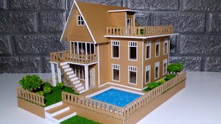 DIY - HOW TO MAKE MINIATURE HOUSE FROM CARDBOARD #39 HOUSE DESIGN WITH SWIMMING POOL AND GARDEN