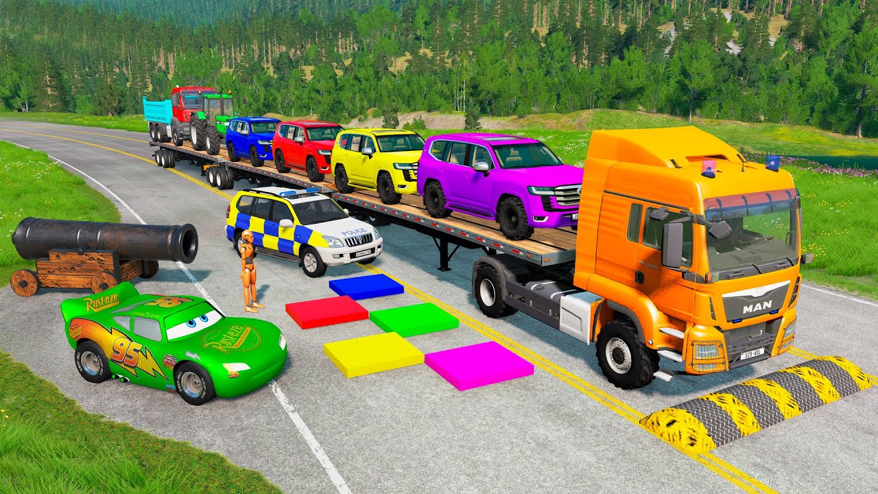 Flatbed Trailer McQueen Transportation with Truck - Speedbumps vs Cars vs Train - BeamNG.Drive #188