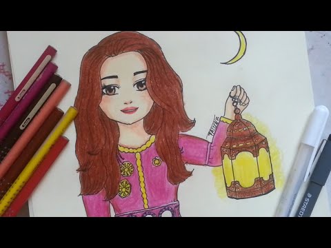 Step by Step drawing a girl with a Ramadan lantern - YouTube