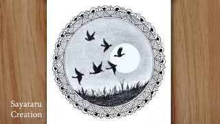 How to draw birds scenery with pencil, pencil drawing for beginners, mandala art