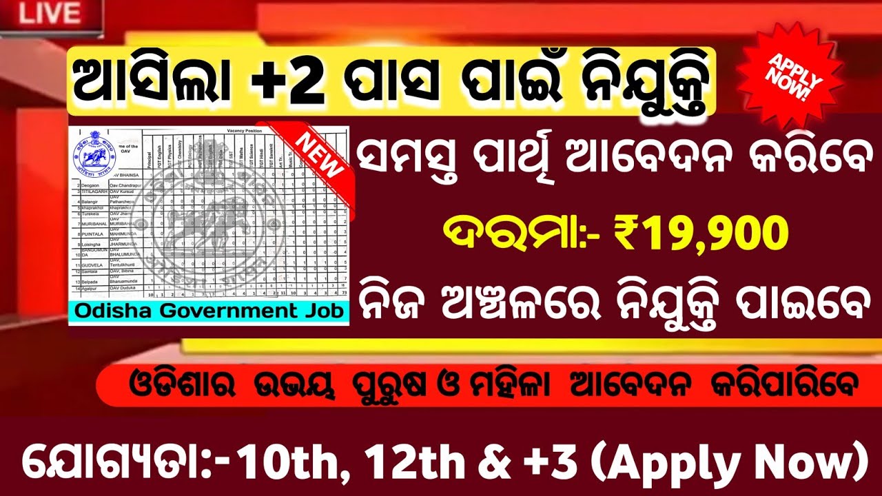 ଆସିଲା +2 ପାସ ପାଇଁ ବଡ଼ ନିଯୁକ୍ତି/Block level jobs/Odisha govt jobs/Odisha