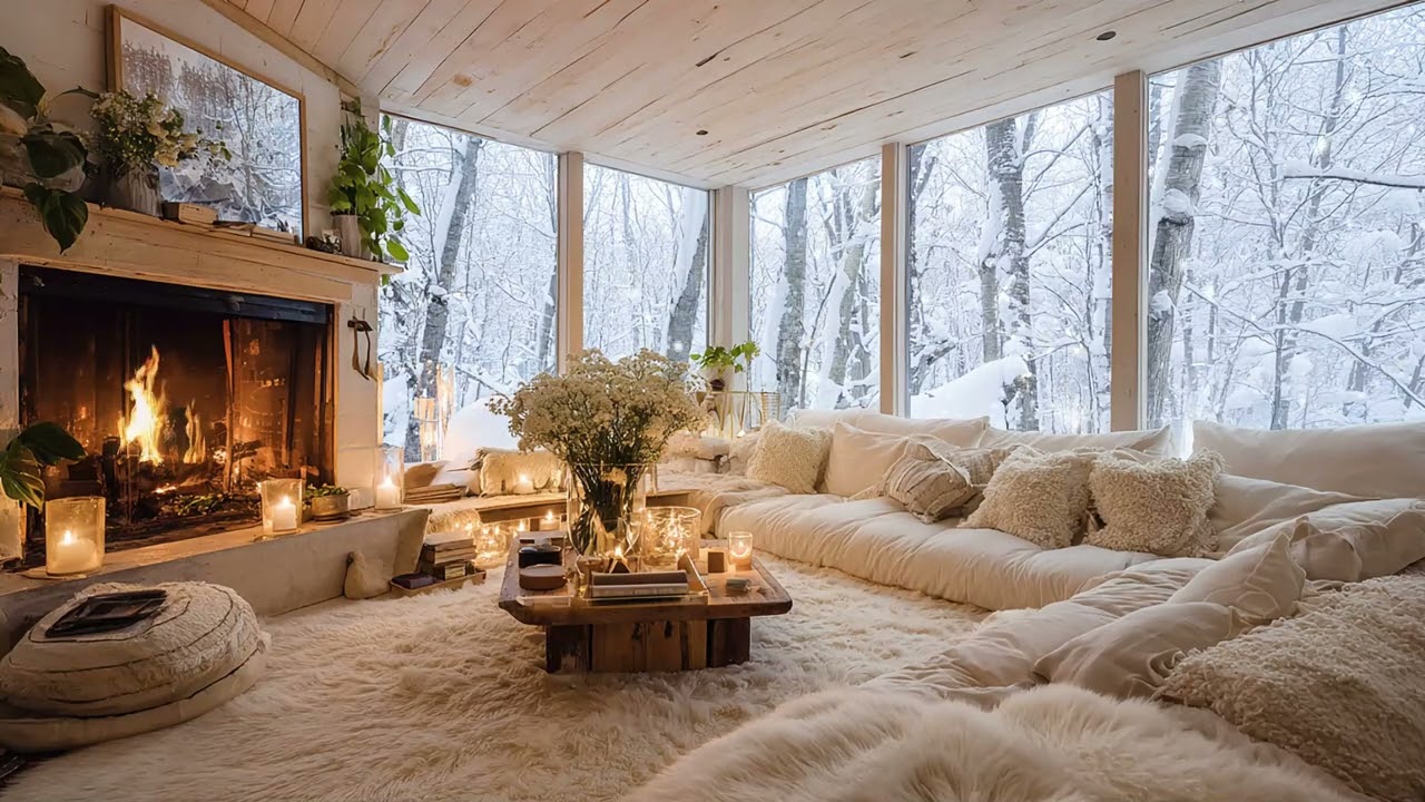 3 HOURS Winter Piano with Flowers | Fireplace & Candle Glow | Calm Emotions Study Meditation Relax