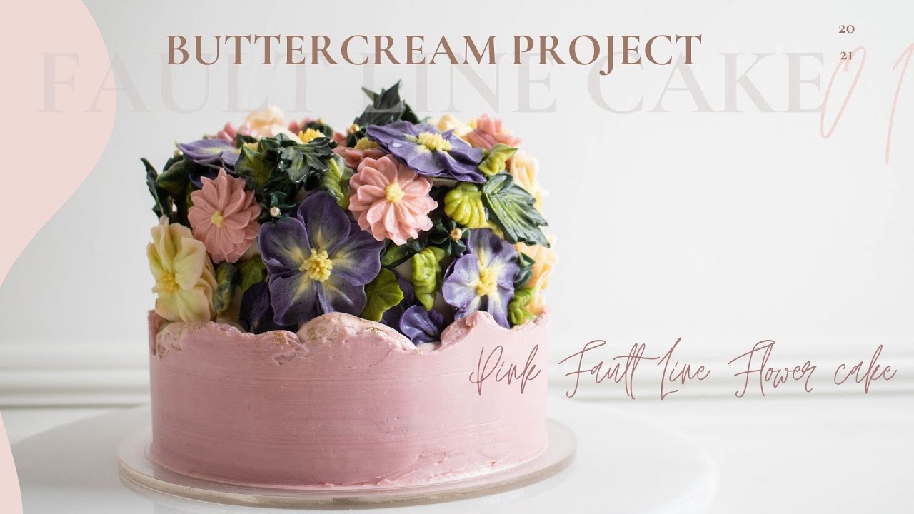 Pink Fault Line flower cake, 단층면케익,Four different flower piping and leaves, step by step arrangement