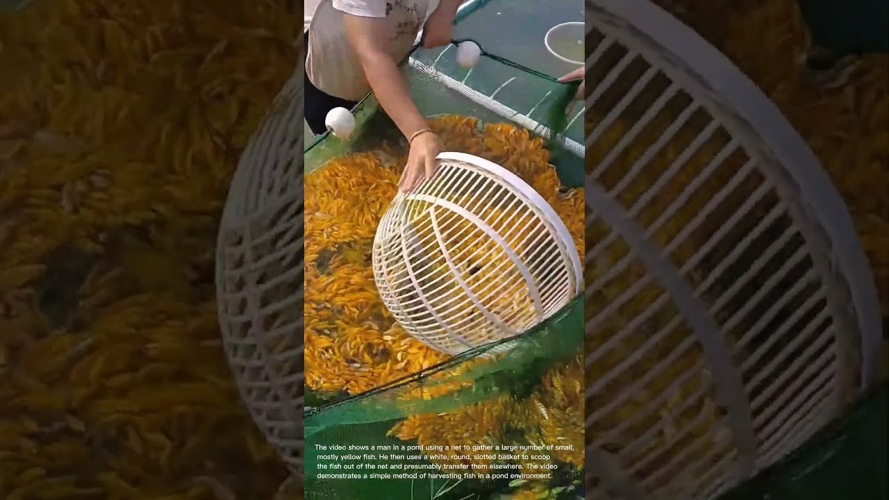 Fish Harvesting: Man Collects Fish with Net and Basket in Pond