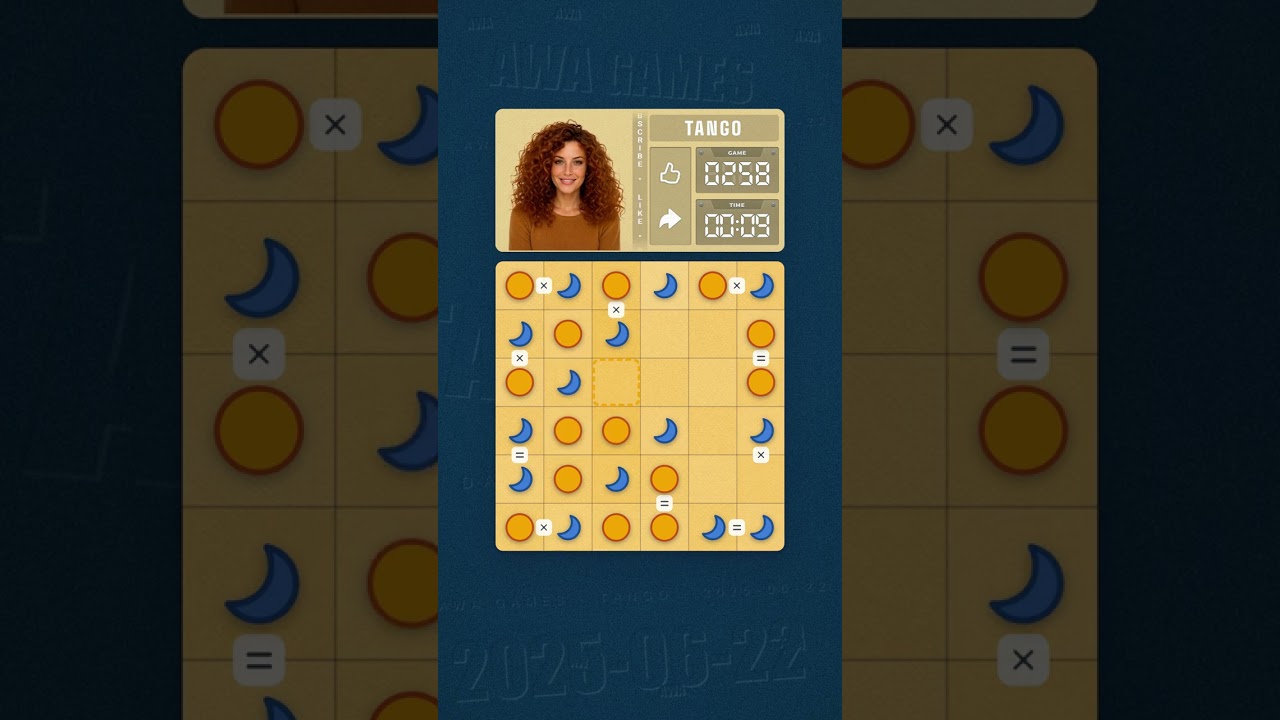 LinkedIn Tango #258 solved board for June 22, 2025, 6x6 grid