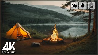 Campfire Ambience by the Lake with Water, Fire and Nature Sounds | Serene Forest