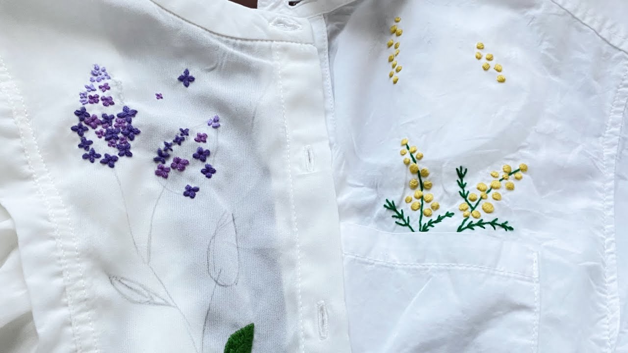 🔴シャツに花の刺繍をする♪ミモザやライラック♪ - YouTube