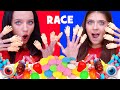 ASMR CANDY RACE WITH TINY FINGER HANDS (GUMMY EYEBALLS, NERDS ROPE, UFO WAFERS)