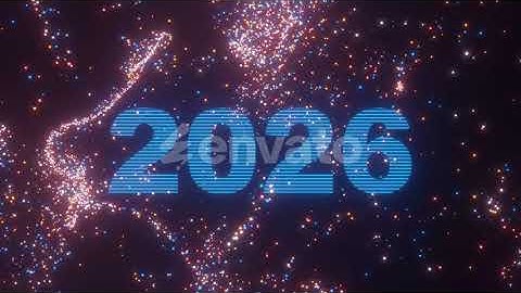 Animation 2026 number text with particles colorful on black isolated background. 4k video looping