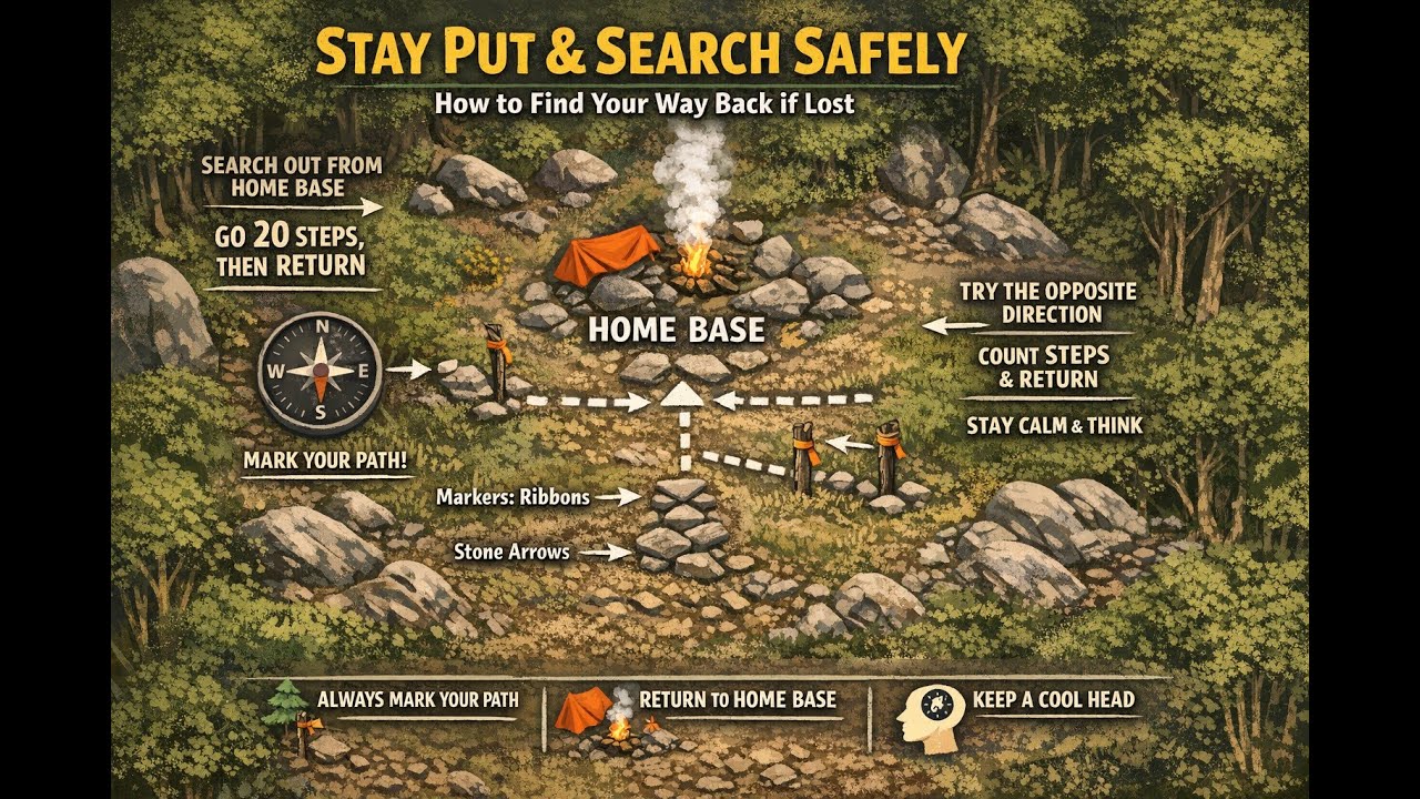 Lost? Don’t Wander: Build a Home Base and Search in 20-Step Lines