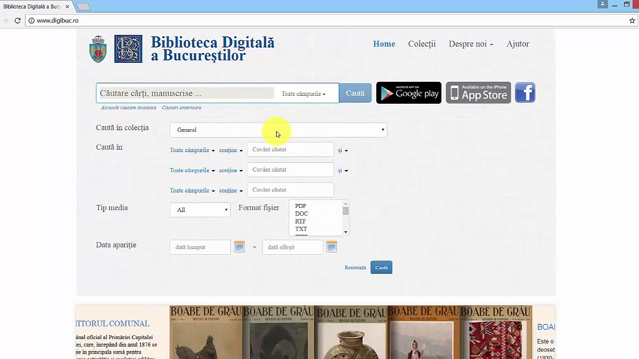 Exemplu cautare avansata in Biblioteca Digitala a Bucurestilor