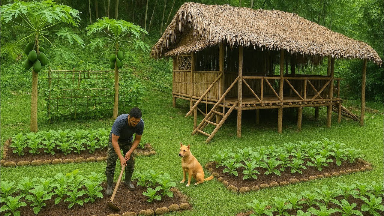 the guy soldier, clean the garden, plant new vegetables, find food with the dog, build a new life