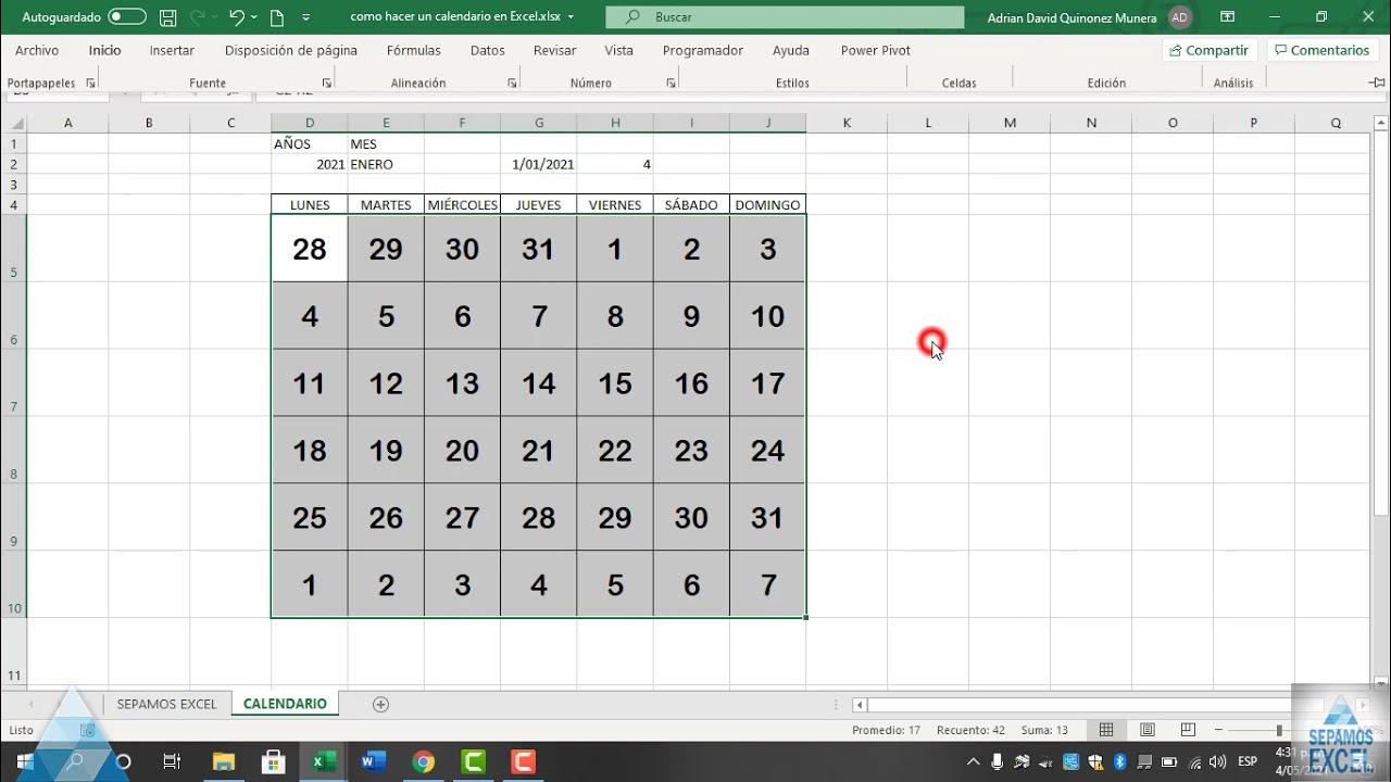 Como Hacer Un Calendario En Excel Youtube