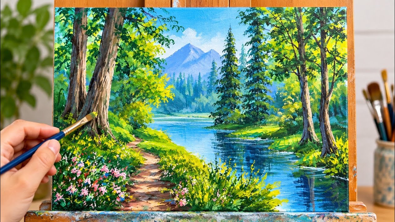 Easy Forest Landscape Painting for Beginners | Step by Step - YouTube