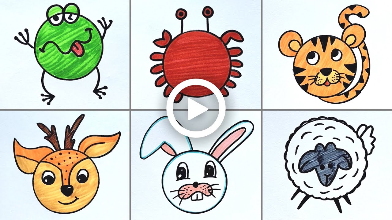 Simple Animal Face Drawings for Kids, How to Draw Animals using Circle, Circle Shape Drawing, By Activities For Kids