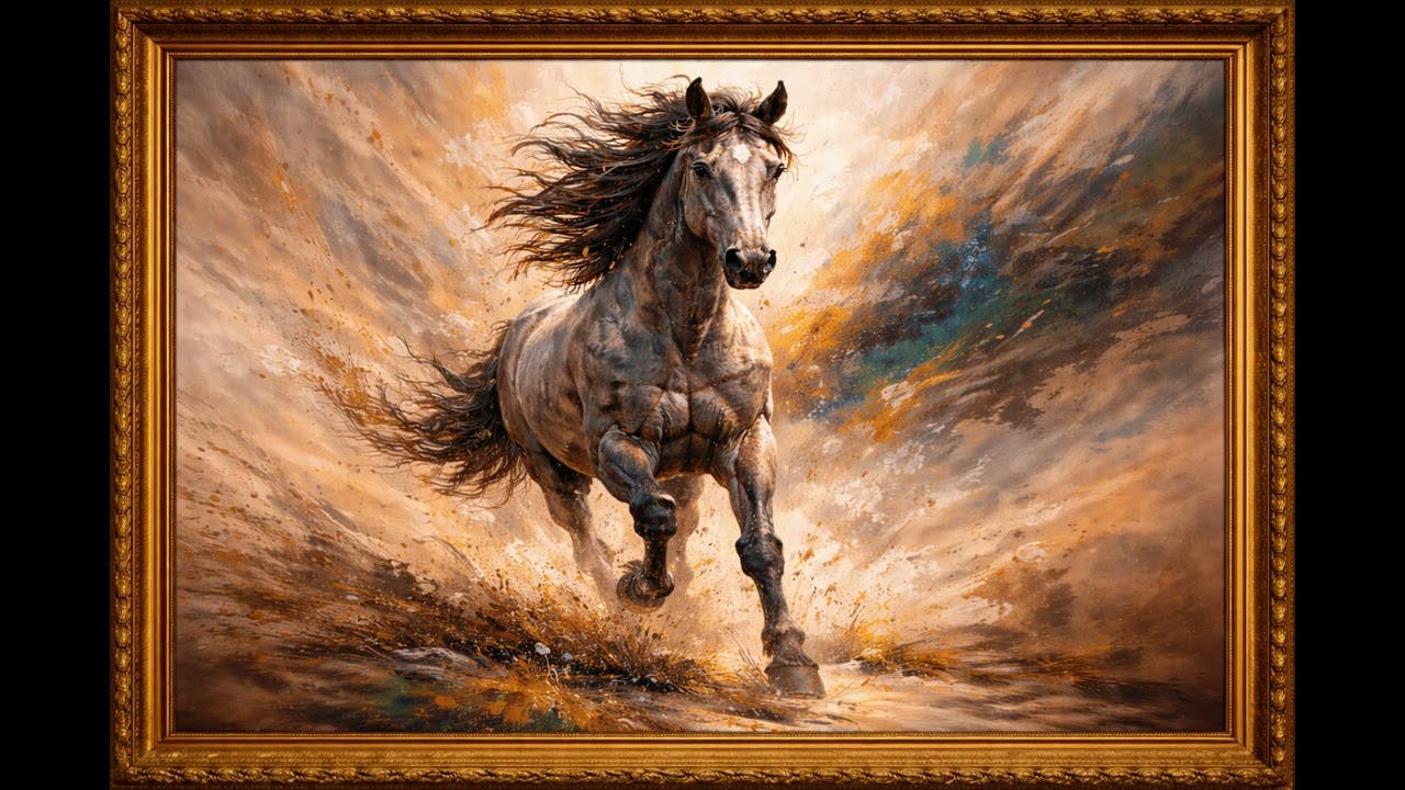 Modern Horse Oil Painting in Gold Frame | Art for Your TV | 2 Hours