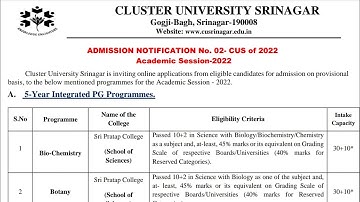 Cluster Integrated Courses Notification Dates process Eligibility Merit Basis