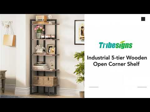 Tribesigns Industrial Corner Shelf, 5 Tier Wood Wall Corner Bookshelf U0074