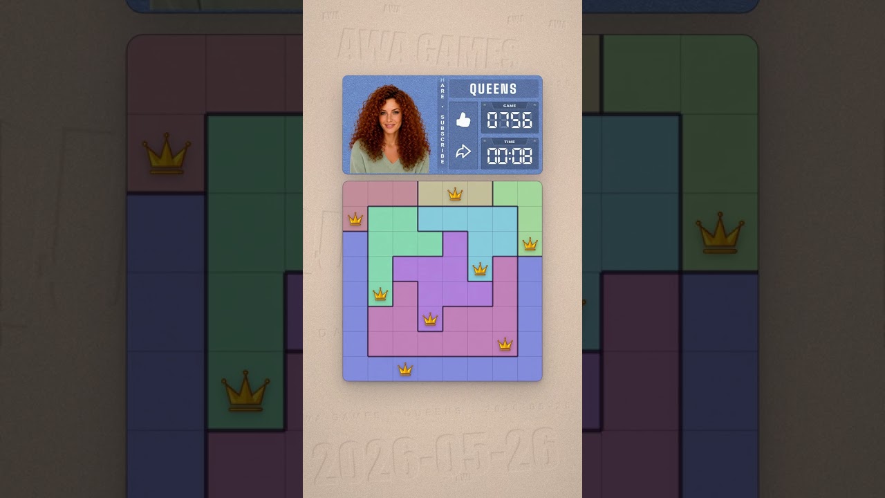 LinkedIn Queens #756 solved board for May 26, 2026, 8x8 grid