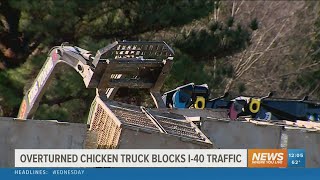Semi tractor-trailer hauling live chickens overturns near Ozark