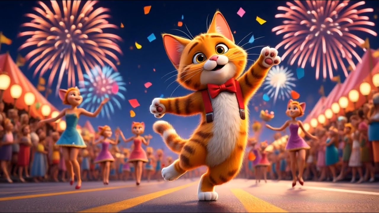 Dancing kitty lights up the festival night 🎆✨ 