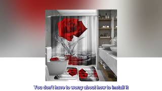 MrLYouth Red Rose Shower Curtain Sets with Non-Slip Rugs Bath Mat Toilet Lid Cover and 12 Hooks