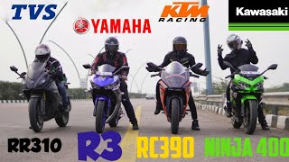 Kawasaki Ninja 400 vs Yamaha R3 vs TVS Apache RR310 vs KTM RC 390 2022 || Biggest battle ever done..