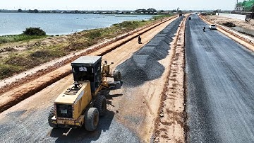 Professional Operator Motor Grader Paving Stone Base On Top Level Highway Road Building