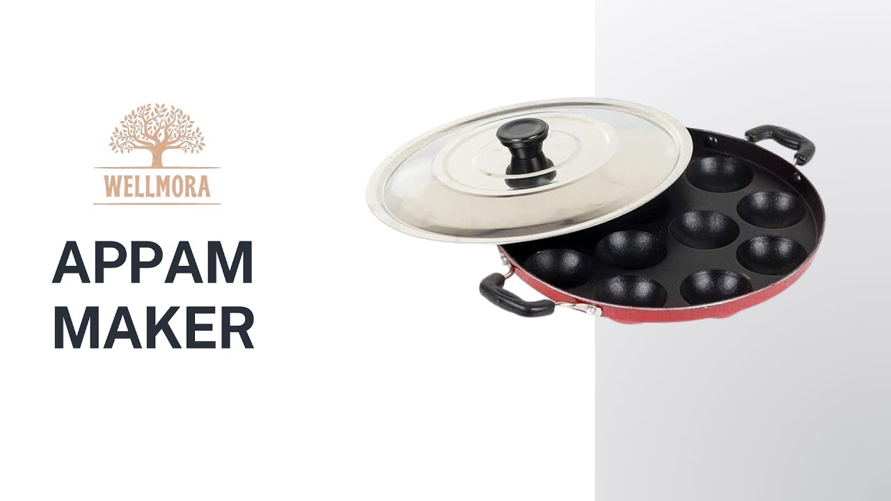 WELLMORA 12 CAVITY APPAM MAKER PANIARAKKAL WITH LID 1 L CAPACITY 23 CM DIAMETER ALUMINIUM, NON STICK