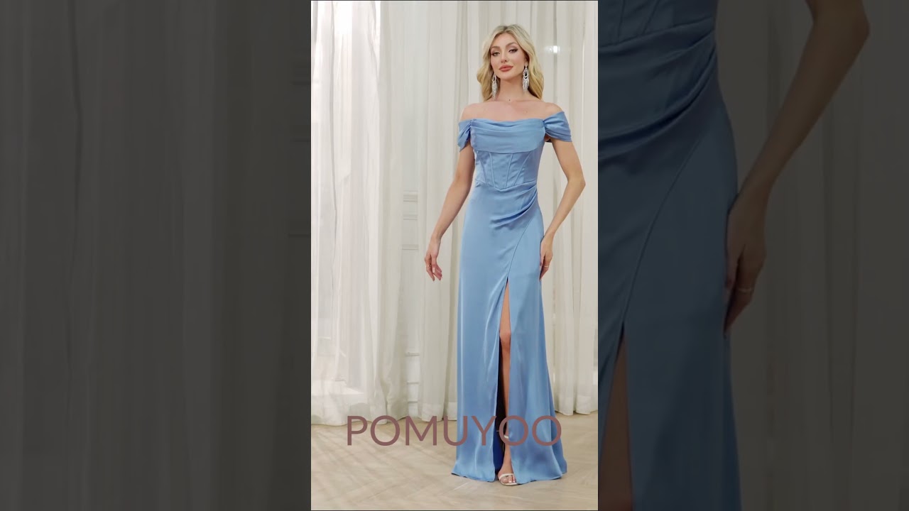 POMUYOO | Tiana Enchanting Off The Shoulder Slit Pleated Long Satin Formal Dresses