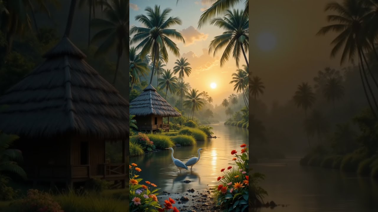 Tropical Sunset Retreat Egrets By The River