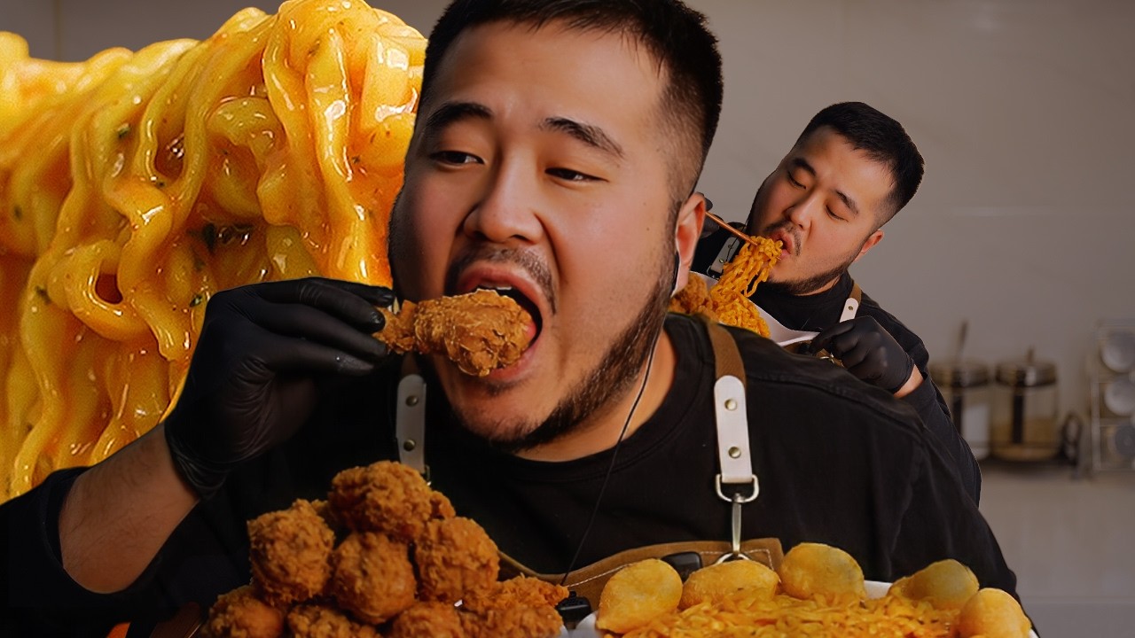 까르보 불닭 볶음면 +  BBQ 황금올리브 치킨 먹방 ASMR MUKBANG SPICY FIRE NOODLES & FRIED CHICKEN ラーメン チキン eating sounds