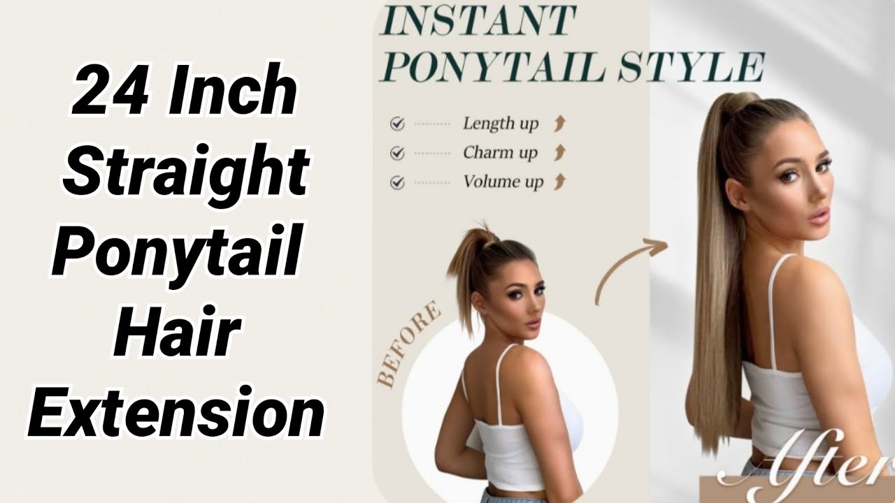 FESHFEN Straight Long Ponytail Extensions 24 Inch Natural Black Wrap Around Synthetic Ponytails