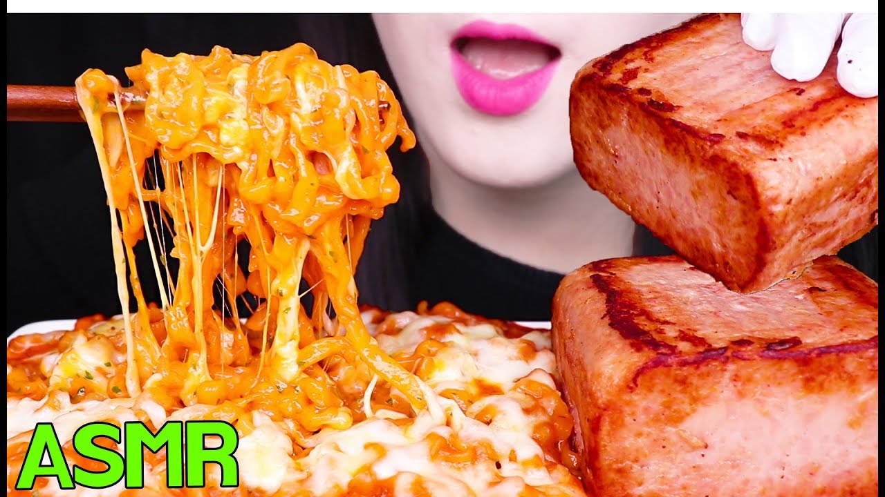 ASMR CHEESY FIRE NOODLES + WHOLE SPAM 치즈 불닭볶음면 + 통스팸 먹방 (EATING SOUNDS) NO TALKING MUKBANG