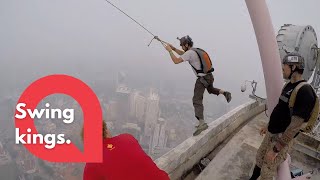 Adrenaline junkies jump from an intense rope swing  | SWNS